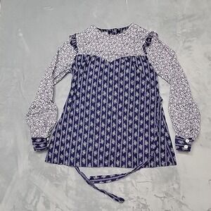 VTG Plain Jane Shirt Womens L Blue Floral Peplum Prairie Ruffle Tie Back Blouse